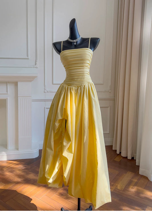 Spaghetti Strap Yellow Midi Evening Dress F0442