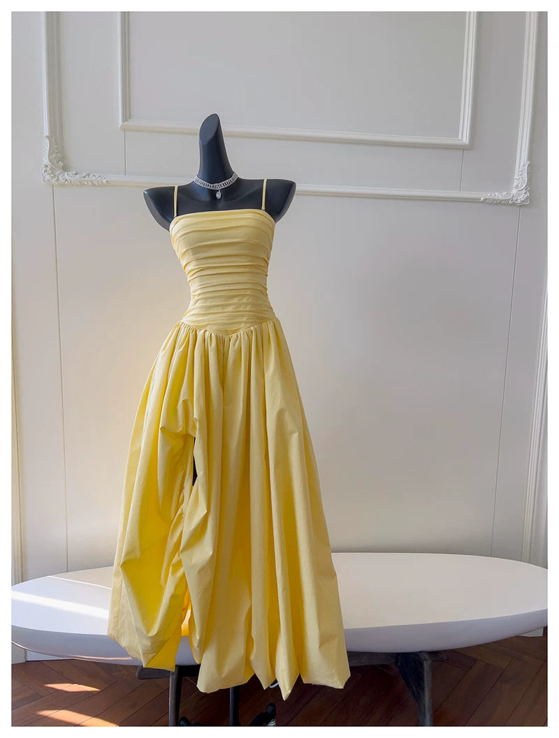 Spaghetti Strap Yellow Midi Evening Dress F0442