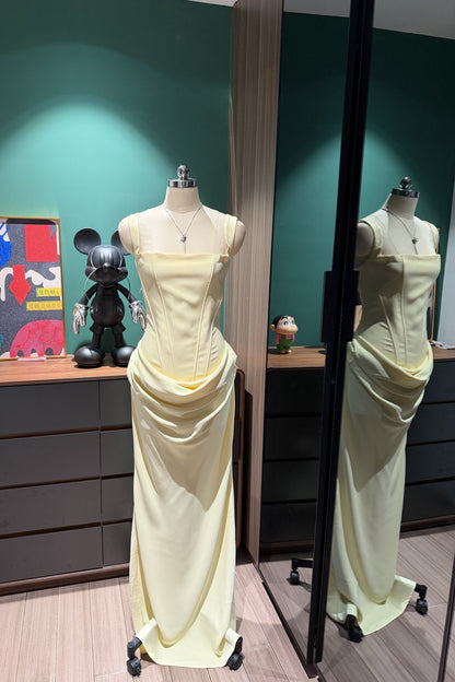 Square Neck Corset Mermaid Long Evening Dress, Draped Waist Formal Gown F0422