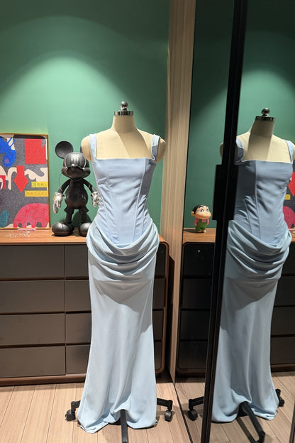 Square Neck Corset Mermaid Long Evening Dress, Draped Waist Formal Gown F0422