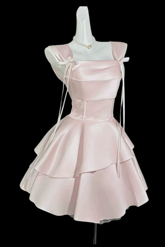 Square Neck Pink Satin Tiered Mini Homecoming Dress With Shoulder Bows F0323
