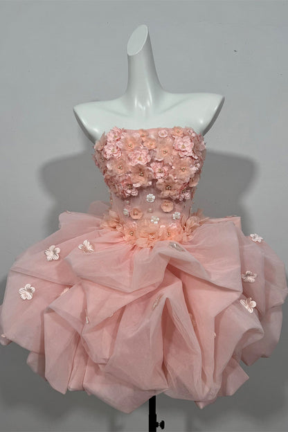 Strapless 3D Floral Tulle Homecoming Dress Puffy Mini Princess Dress F0298