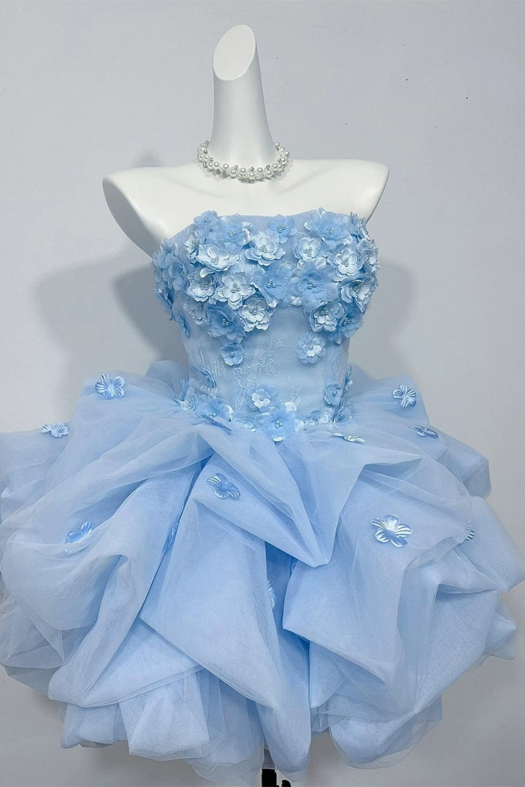Strapless 3D Floral Tulle Homecoming Dress Puffy Mini Princess Dress F0298
