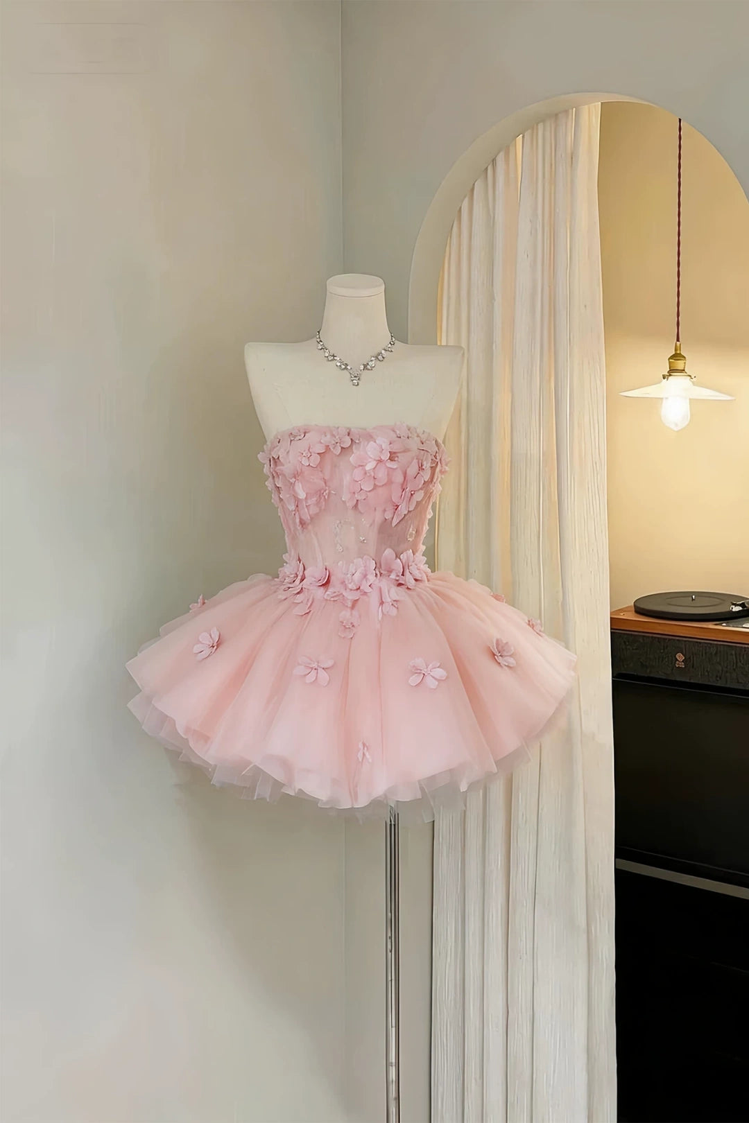 Strapless 3D Floral Tulle Mini Homecoming Dress F0321