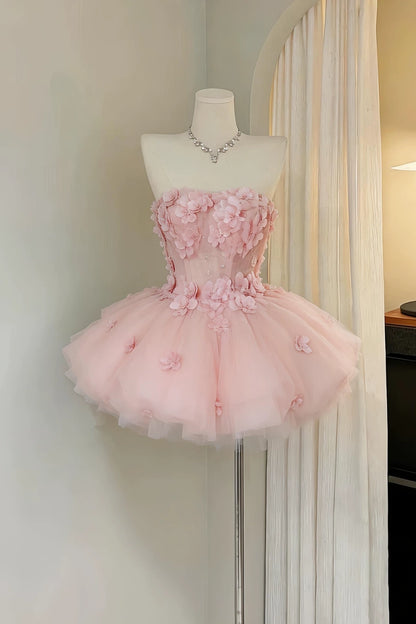 Strapless 3D Floral Tulle Mini Homecoming Dress F0321