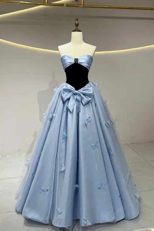Strapless Cutout Ball Gown With 3D Butterflies & Big Satin Bow Evening Dress F0353