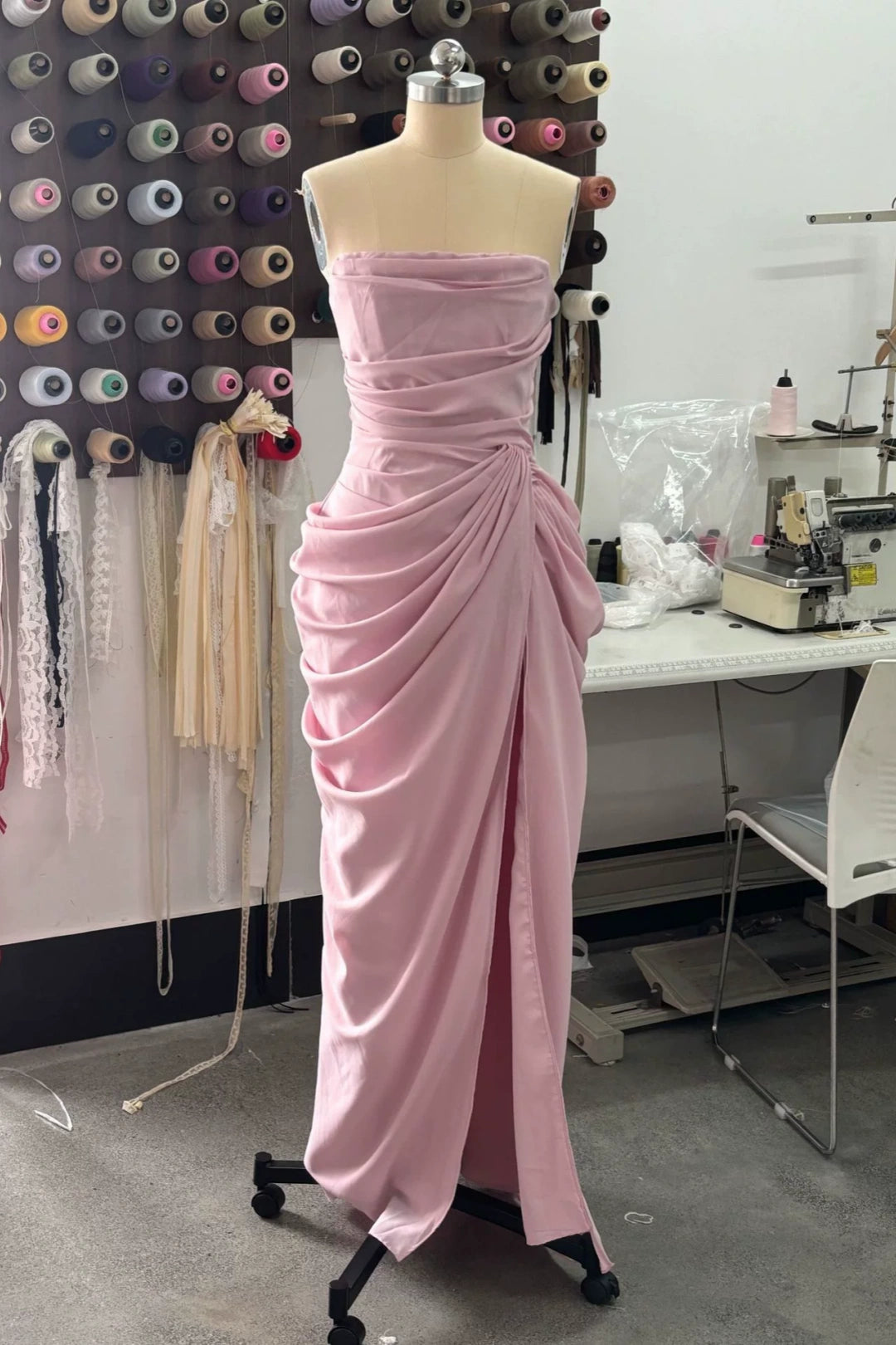 Strapless Draped Chiffon Bridesmaid Dress Side Slit Formal Gown F0423