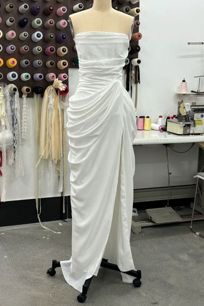 Strapless Draped Chiffon Bridesmaid Dress Side Slit Formal Gown F0423