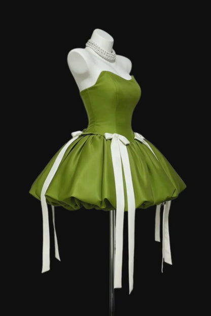 Strapless Green Satin Mini Homecoming Dress With White Bows F0322