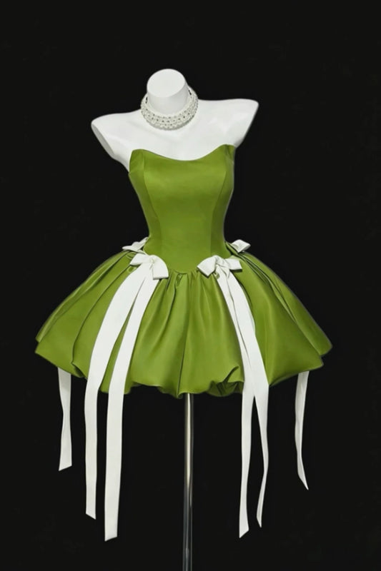 Strapless Green Satin Mini Homecoming Dress With White Bows F0322