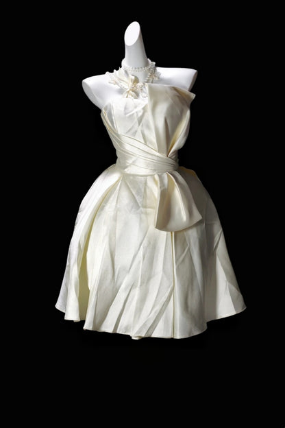 Strapless Ivory Satin Short Dress With Draped Bodice & Big Side Bow F0362