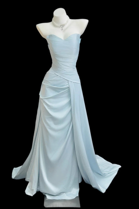 Strapless Light Blue Satin Mermaid Evening Dress With Draped Details F0359