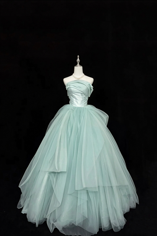 Strapless Mint Green Tulle Prom Gown Princess A-Line Formal Dress F0379