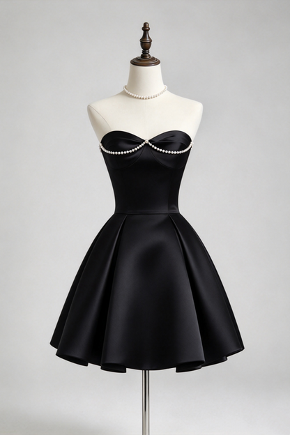 Original Design Strapless Pearl Sweetheart Satin A-line Mini Homecoming Dress F0340