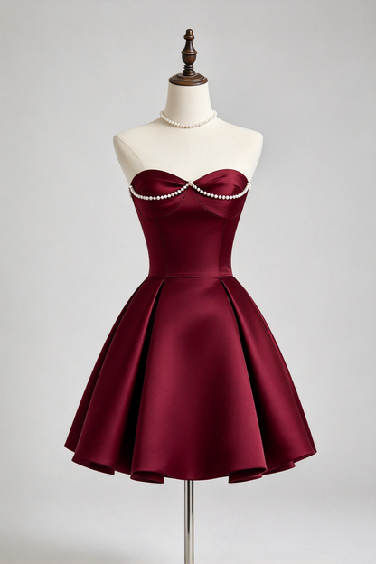 Original Design Strapless Pearl Sweetheart Satin A-line Mini Homecoming Dress F0340