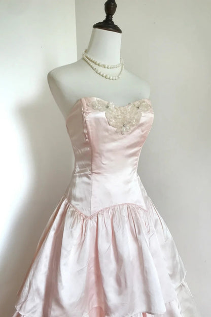 Strapless Pink Satin Tiered Midi Evening Dress With Floral Beaded Appliques F0354
