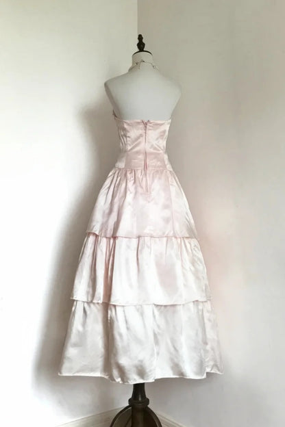 Strapless Pink Satin Tiered Midi Evening Dress With Floral Beaded Appliques F0354