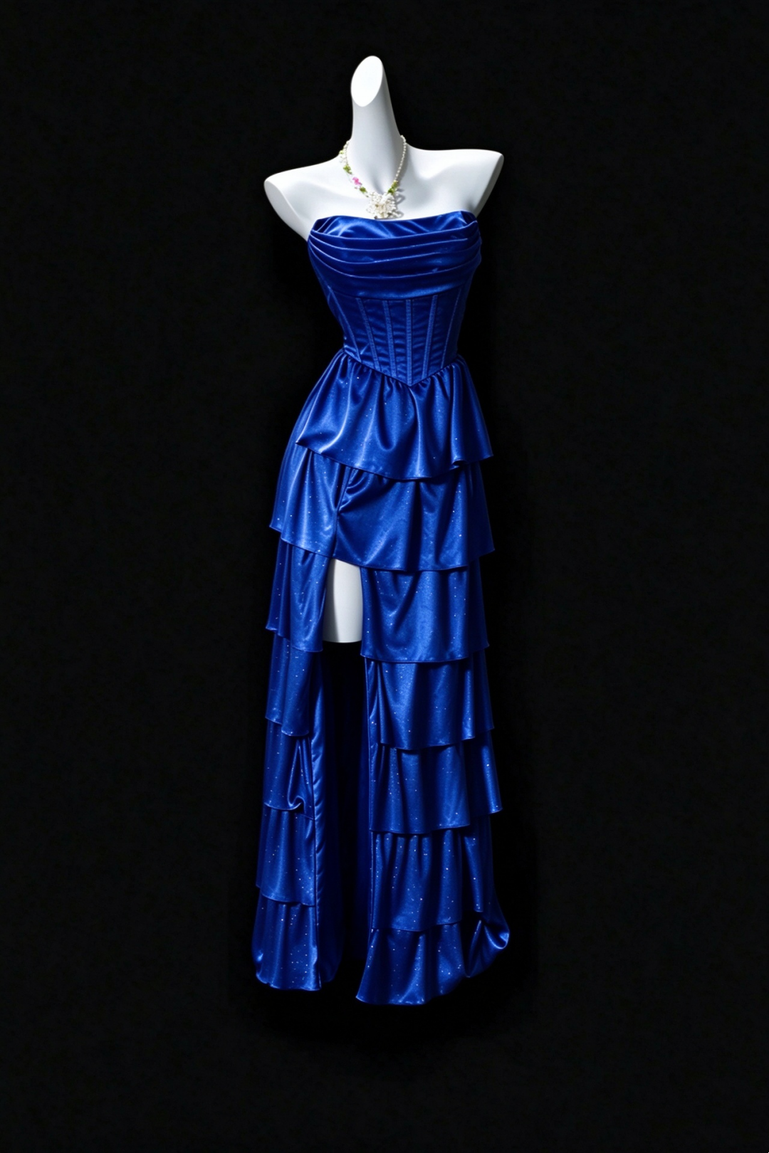 Strapless Pleated Corset Tiered Ruffle Satin Formal Dress F0350