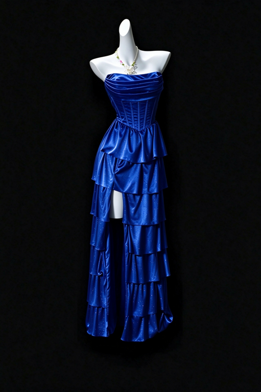 Strapless Pleated Corset Tiered Ruffle Satin Formal Dress F0350