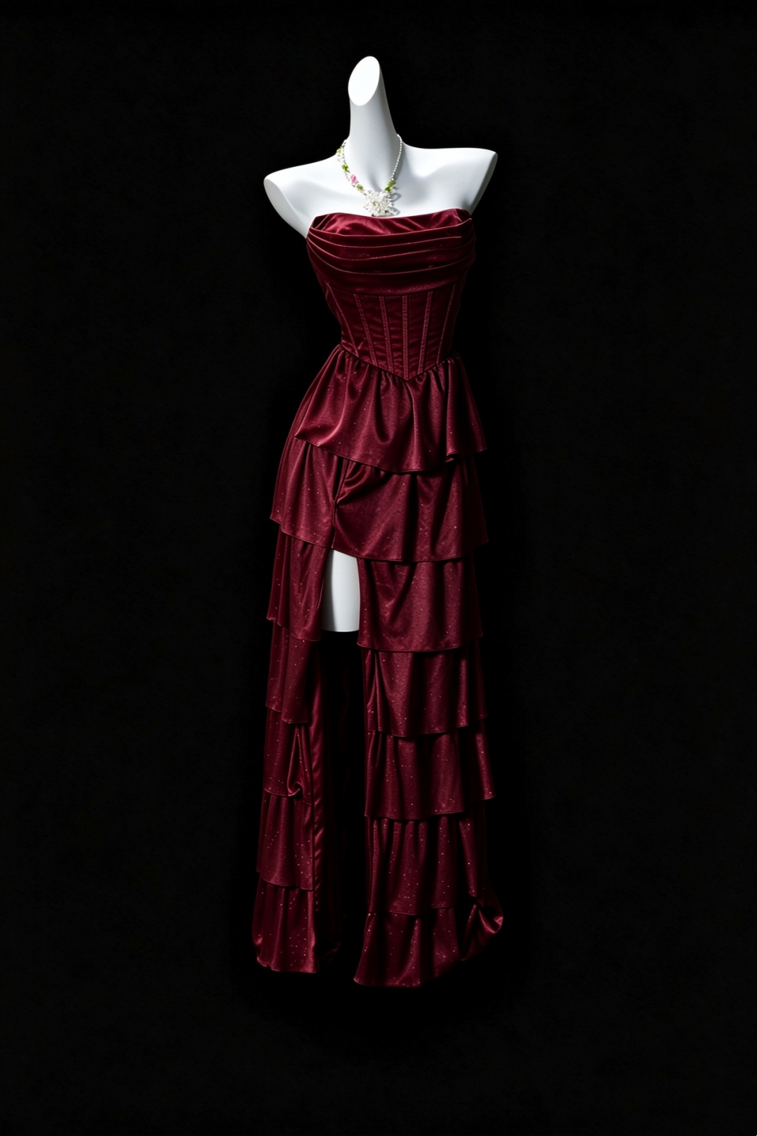Strapless Pleated Corset Tiered Ruffle Satin Formal Dress F0350