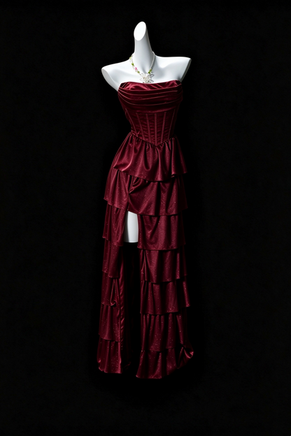 Strapless Pleated Corset Tiered Ruffle Satin Formal Dress F0350