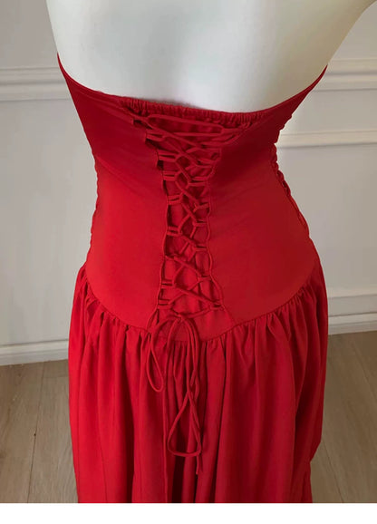 Strapless Ruched Red Evening Gown With Draped Skirt F0453