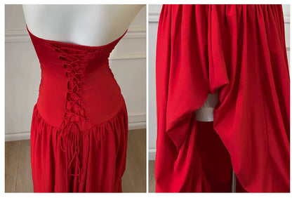 Strapless Ruched Red Evening Gown With Draped Skirt F0453