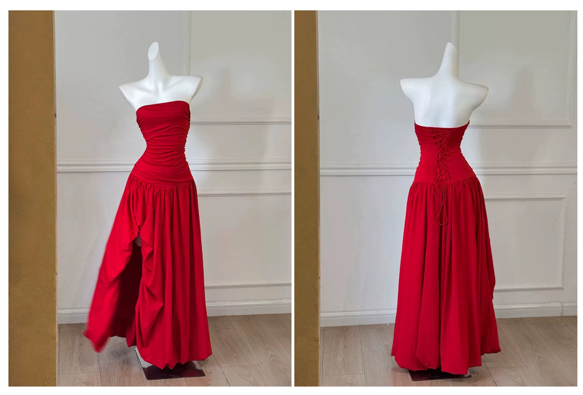 Strapless Ruched Red Evening Gown With Draped Skirt F0453