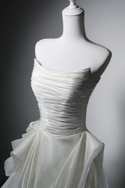 Strapless Ruched Wedding Dress, A Line Bridal Gown With Train F0410