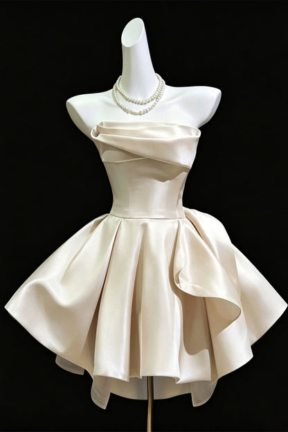 Strapless Satin Homecoming Dress Pleated Mini Party Dress With Side Bow F0294