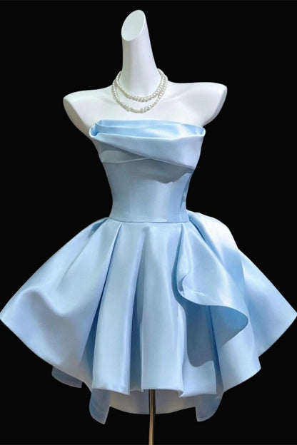 Strapless Satin Homecoming Dress Pleated Mini Party Dress With Side Bow F0294