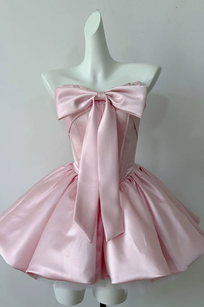 Strapless Satin Mini Homecoming Dress With Big Front Bow F0309