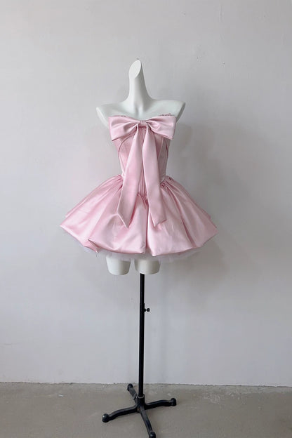 Strapless Satin Mini Homecoming Dress With Big Front Bow F0309