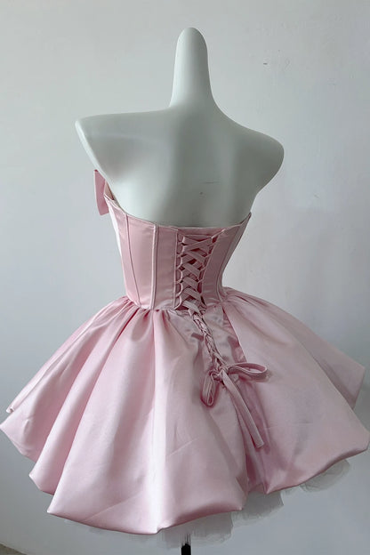 Strapless Satin Mini Homecoming Dress With Big Front Bow F0309