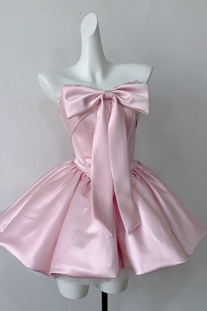 Strapless Satin Mini Homecoming Dress With Big Front Bow F0309