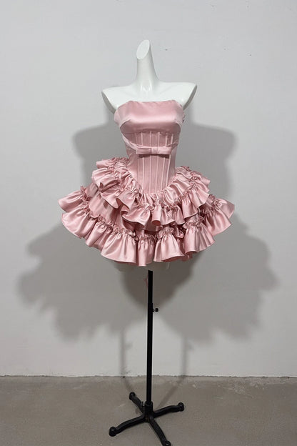 Strapless Satin Ruffled Mini Homecoming Dress With Waist Bow F0313