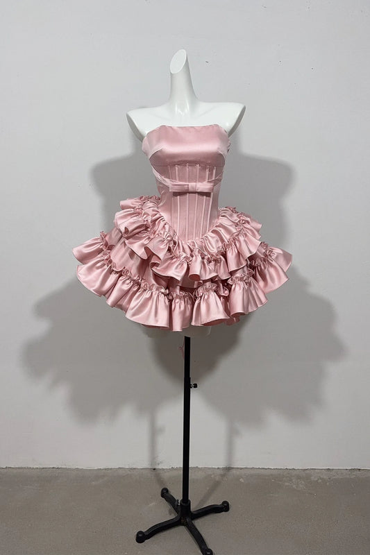 Strapless Satin Ruffled Mini Homecoming Dress With Waist Bow F0313