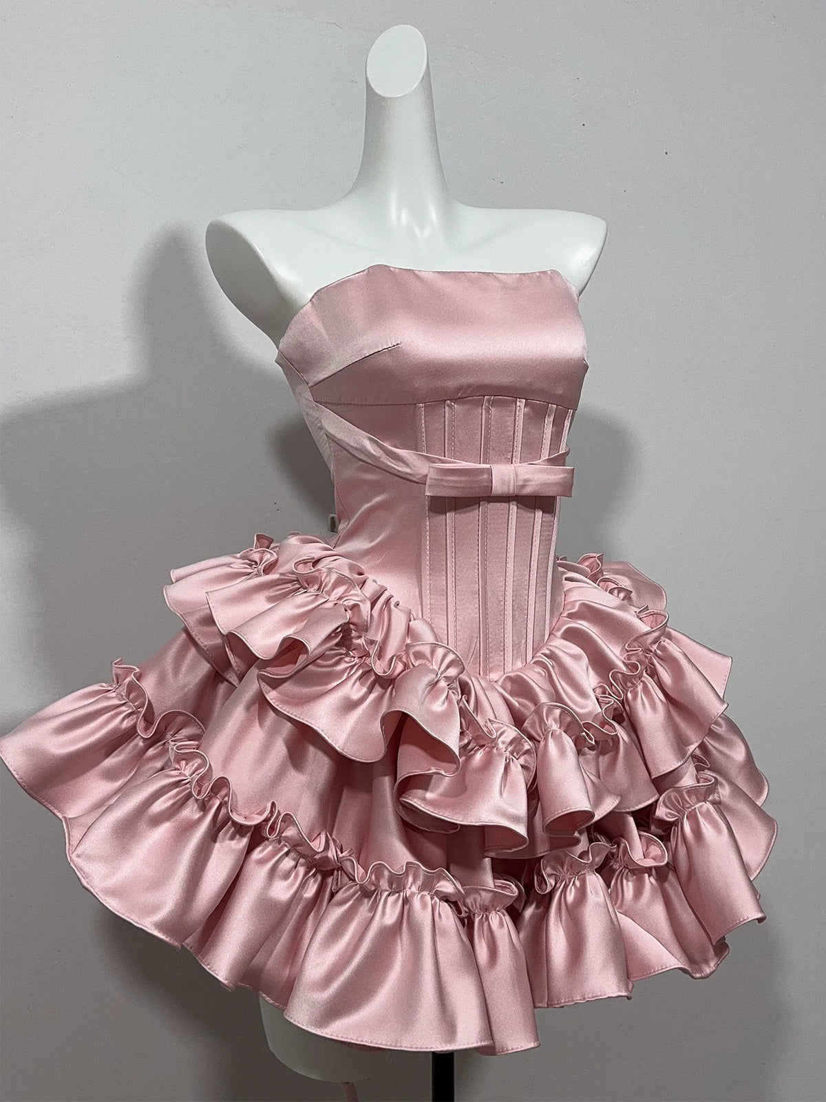Strapless Satin Ruffled Mini Homecoming Dress With Waist Bow F0313