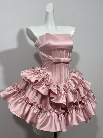 Strapless Satin Ruffled Mini Homecoming Dress With Waist Bow F0313