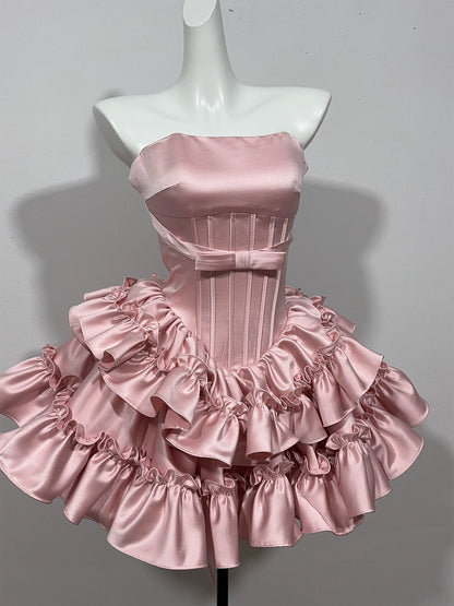 Strapless Satin Ruffled Mini Homecoming Dress With Waist Bow F0313