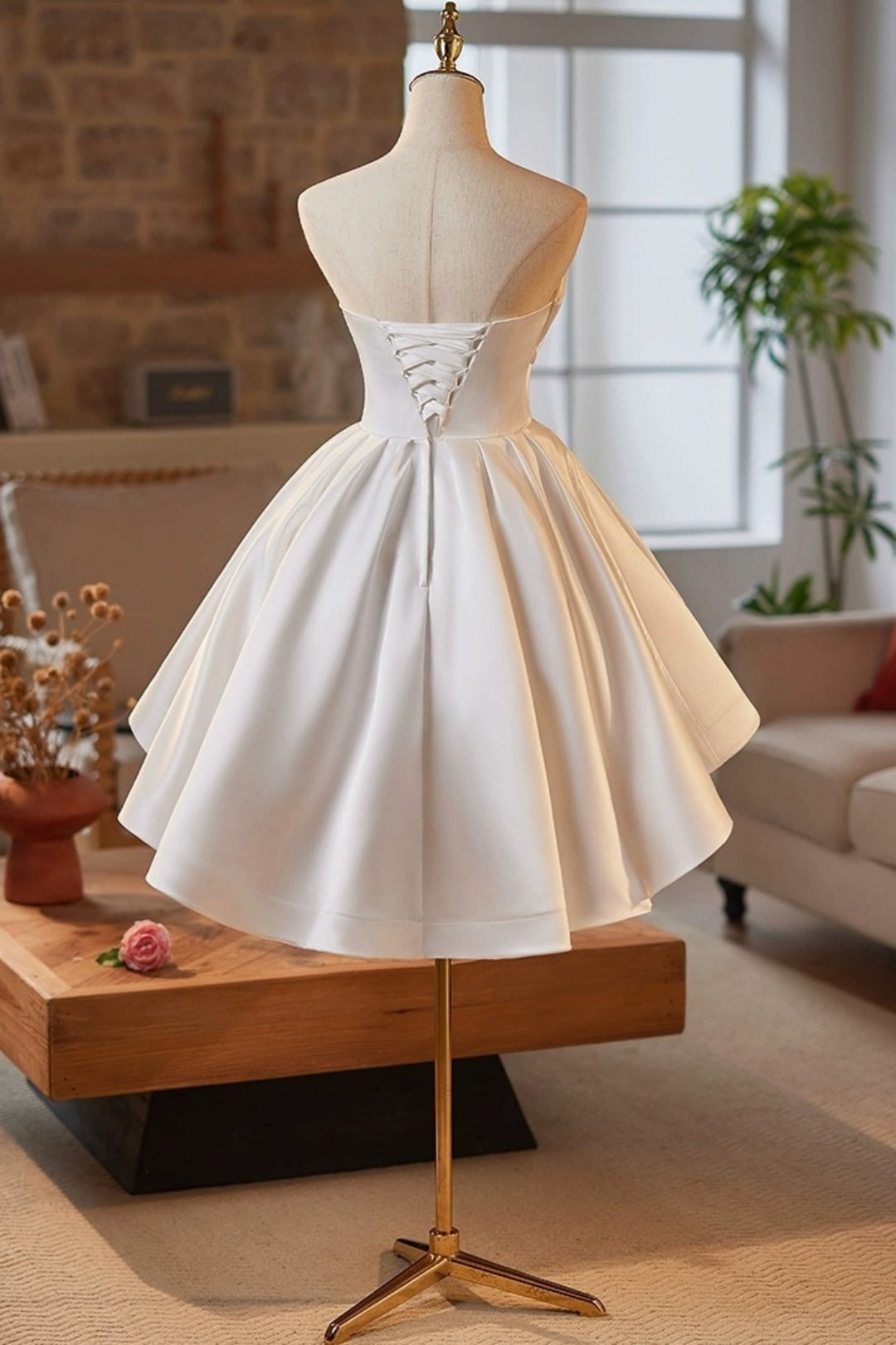 Strapless Satin Short Wedding Dress Ruffled Homecoming Dress F0295