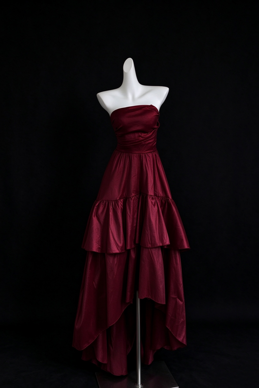 Strapless Tiered Ruffle Satin Maxi Formal Dress F0530