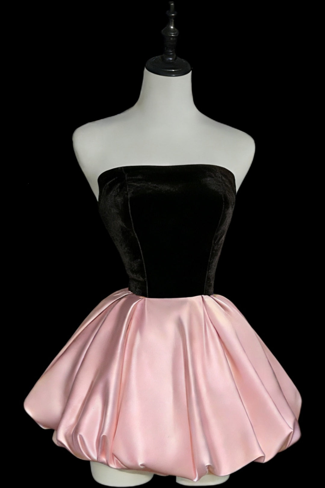 Strapless black velvet blush satin bubble mini homecoming dress with corset lace up back F0290