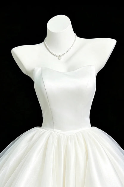 Strapless White Satin Short Dress With Ruffled Tulle Skirt F0361