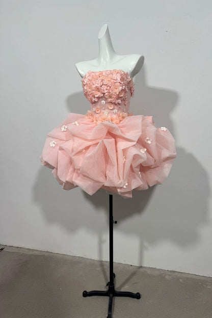 Strapless 3D Floral Tulle Homecoming Dress Puffy Mini Princess Dress F0298