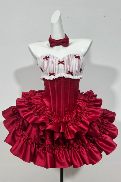 Strapless Ruffled Satin Mini Homecoming Dress With Tiny Bows F0312