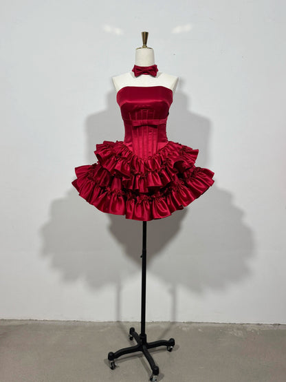 Strapless Satin Ruffled Mini Homecoming Dress With Waist Bow F0313