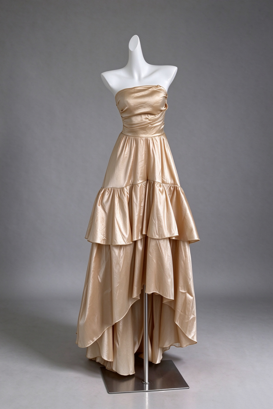Strapless Tiered Ruffle Satin Maxi Formal Dress F0530