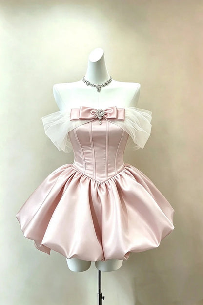 Pink Off‑the‑Shoulder Satin Short Gown, Bow Crystal Sweet 16 Dress F009