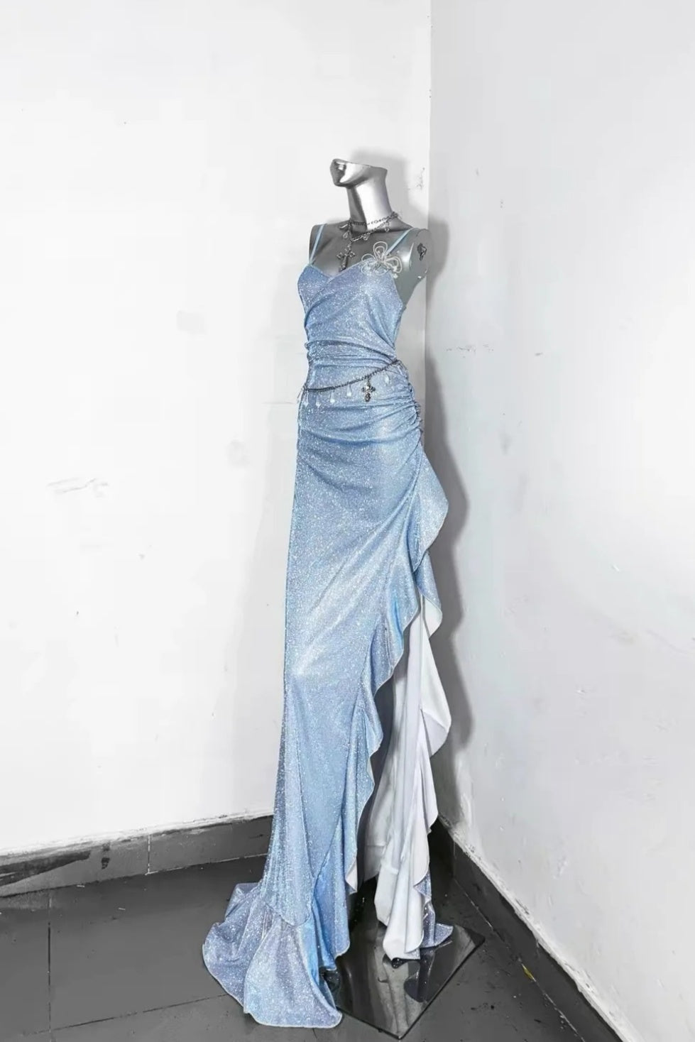 Light Blue Glitter Spaghetti Strap Mermaid Long Prom Dress F0281